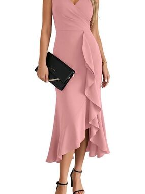 Dusky Pink Ruffle Wrap Midi Dress